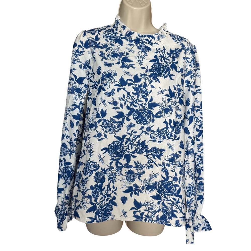 Cupshe Blue White High Neck Long Sleeve Blouse S NWT